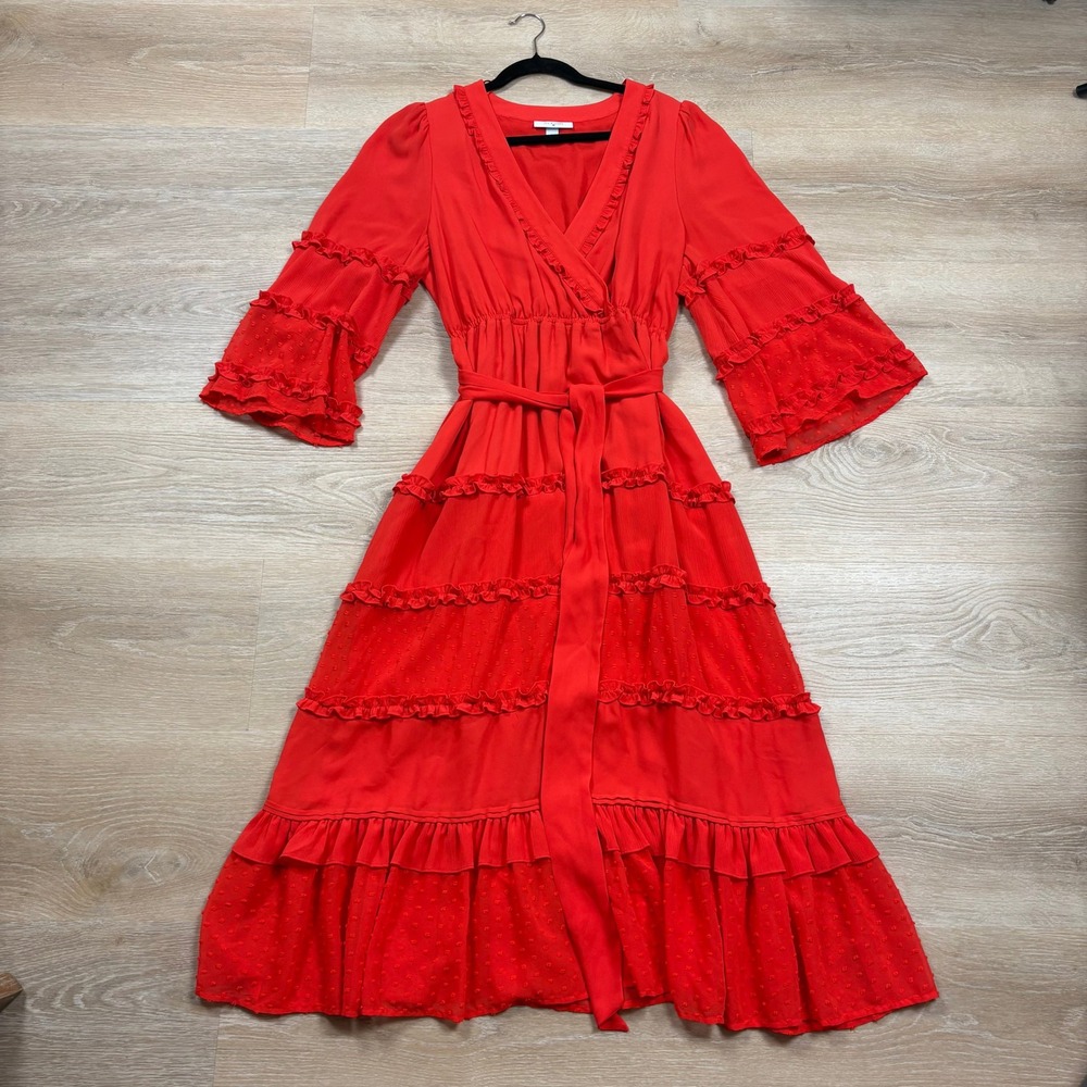 Alexis Tiered Ruffle Swiss Dot Midi Dress Womens Large Color Orange